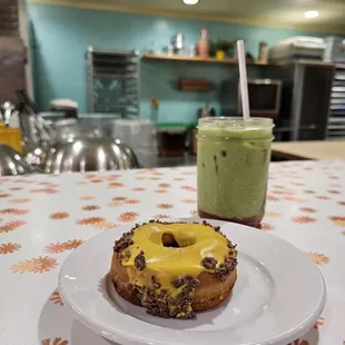 Strawberry Matcha w/ almond milk Passion fruit milk chocolate donut.