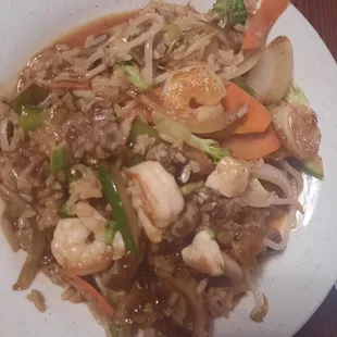 Meats and veggies cooked at the hibachi grill.