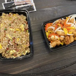 Bbq pork fried rice and sweet and sour chicken (sauce was on the side so it didn&apos;t get soggy)