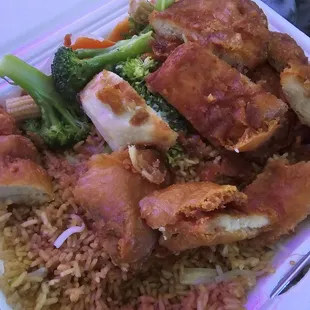 This is almond chicken. oh I mean over fried almond chicken you can&apos;t even chew..and ordered shrimp fried rice that came with 6 shrimp..