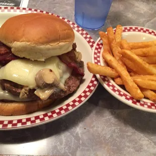 Dynasty burger with mushrooms added and Swiss cheese substitute