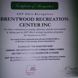 Dynasty Lanes received recognition from American Electric Power for being energy efficient.