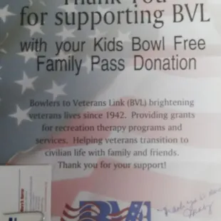 Dynasty Lanes donated part of its Kids Bowl Free Family Pass money to the Bowlers to Veterans Link