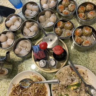 Har gao, siomai, fried rice and fried noodles