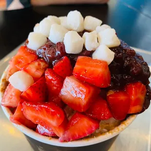 Milk Bingsoo with red bean, misugaru powder, strawberries, blueberries, and mochi!