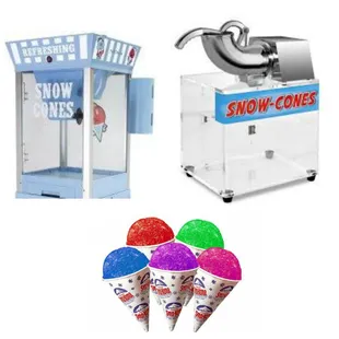 Small and large snow cone machines with supplies