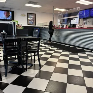 The inside of the pizza parlor.