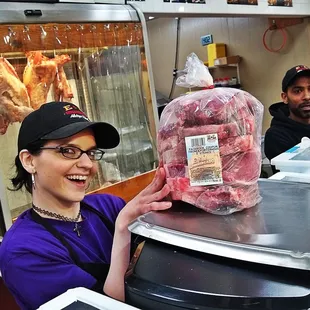 Mega Deal Saturday Porterhouse Steaks only $3.49 pound. Got my ten pounds she was so happy to pose.