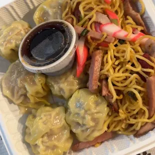 Pork hash and fried noodles plate !