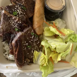 Kalbi plate with spring roll and salad