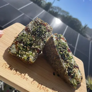 two pieces of bread on a cutting board