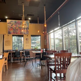 Lovely lights and view of trees by the windows!