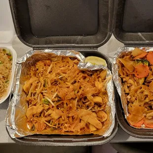 Side of egg fried rice, chicken pad thai, chicken pad see ew