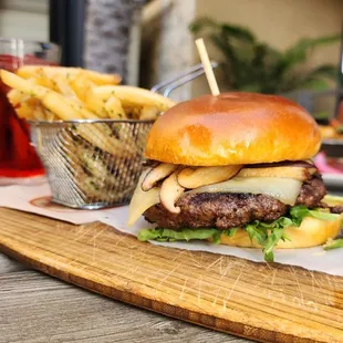 a cheeseburger and french fries