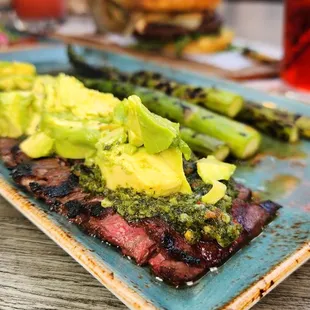 a plate of steak and asparagus