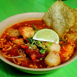 N3. Su Kho Thai (Old Style) Noodle Soup: spicy, sweet &amp; sour soup with marinated pork, peanut, green beans, fish balls, fish cake ($15.25).