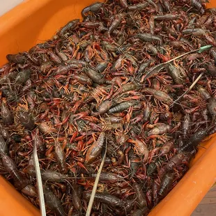 a tray full of craws and sticks