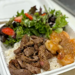 Steak &amp; garlic shrimp with strawberry salad