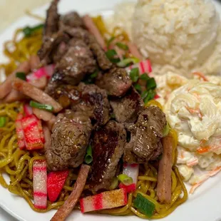 Fried saimin with steak and potato Mac (one of husbands favorite)
