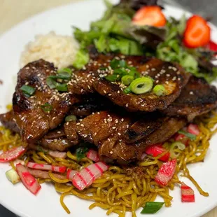 Fried saimin with kalbi and strawberry salad (one of my favorites)