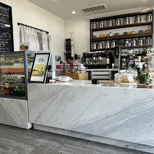 a counter with a menu on it