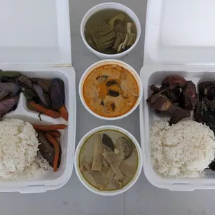 2 x 3 item lunch! Eggplant, bitter melon, red curry, green curry, pork ribs. All for a little over $20.