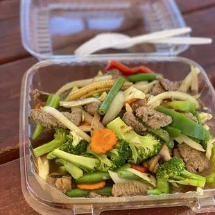 Keto friendly veggie stir fry with beef. $13. Pretty good! You can pick whichever meat you want.