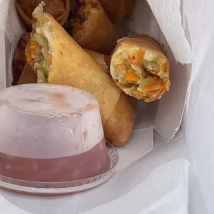 Snacking on eggrolls.  They're not filling, they're very light but good!