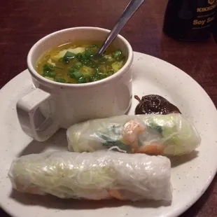 Spring roll and egg drop soup.