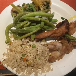 bbq chicken, spicy chicken, Sauteed String Beans, Vegetable Fried Rice, and Mixed Vegetables