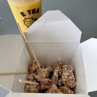 Karaage chicken $9.99 Mango sago with lychee jelly $5