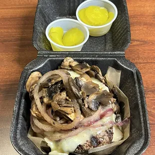 Double meat pepper jack cheeseburger with grilled onions, grilled mushrooms, a side of pickles, no bun - Slap Yo Momma Good !!!