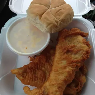 Huge fish sandwich with the bun on the side which is critical for takeout!  Fish is good and isn't too greasy in my opinion.
