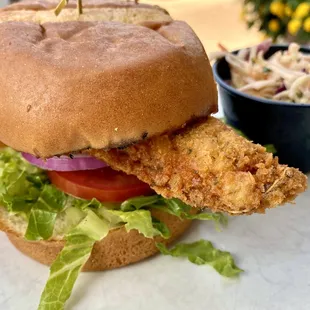 Crispy walleye sandwich on a delicious sweet bun.