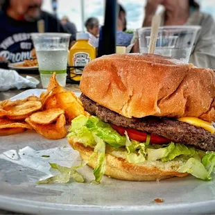 Basic Burger with homemade chips.. which I highly recommend over the fries which will cost you $3 more.