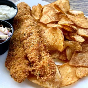 Fish and Chips featuring crispy walleye, fries (I opted for chips) and coleslaw.