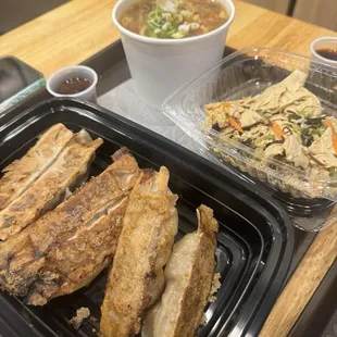 Potstickers, hot and sour soup, tofu skin salad appetizer