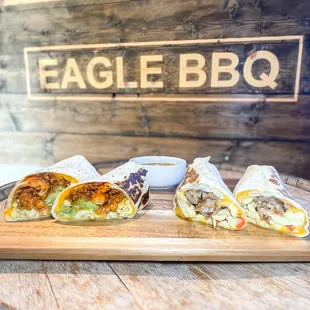 Breakfast burritos: brisket, pulled pork or plant-based chorizo (vegetarian)