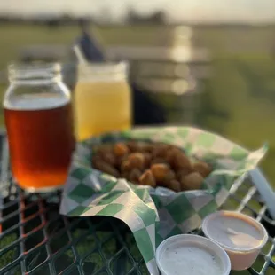 The Cheese Curds, Home made Siracha Ranch, Fabulous Homemade Ranch, DB Vienna Lager, Orange Crush and a FABULOUS Sunset!