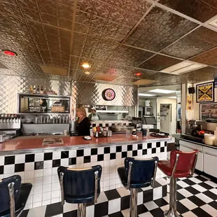 the checkered floor and counter