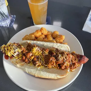 Chili Cheese dog with tater tots