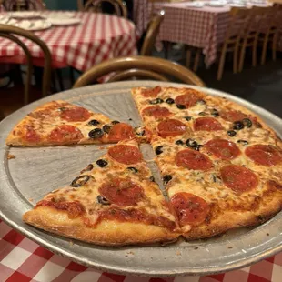 Pepperoni, sausage and olive pizza