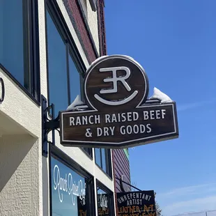 sign for ranch raised beef and dry goods