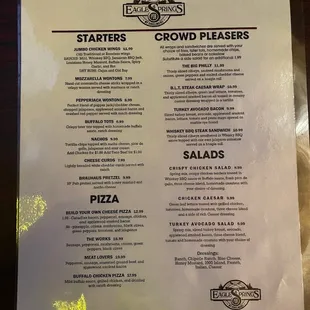 the menu for the eagle springs pub