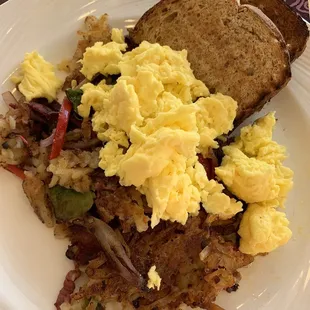 Corned beef hash and scrambled eggs
