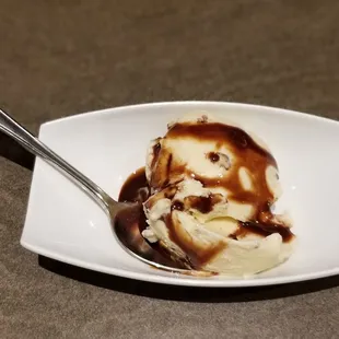 a plate of ice cream and chocolate sauce