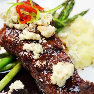 Grilled NY Strip with smoked moody bleu cheese &amp; peppercorn brandy demi, cheddar mash or baked potato &amp; grilled asparagus