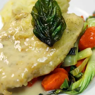 Pan Roasted Chicken with lemon basil buerre blanc, white cheddar mash or baked potato &amp; mixed vegetables