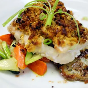 Walleye with herbed saltine crust, chive, brown lemon butter, mixed vegetables &amp; herb roasted baby red potatoes
