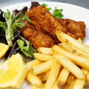 Fish &amp; Chips with beer battered crispy cod, fries, &amp; house tartar sauce